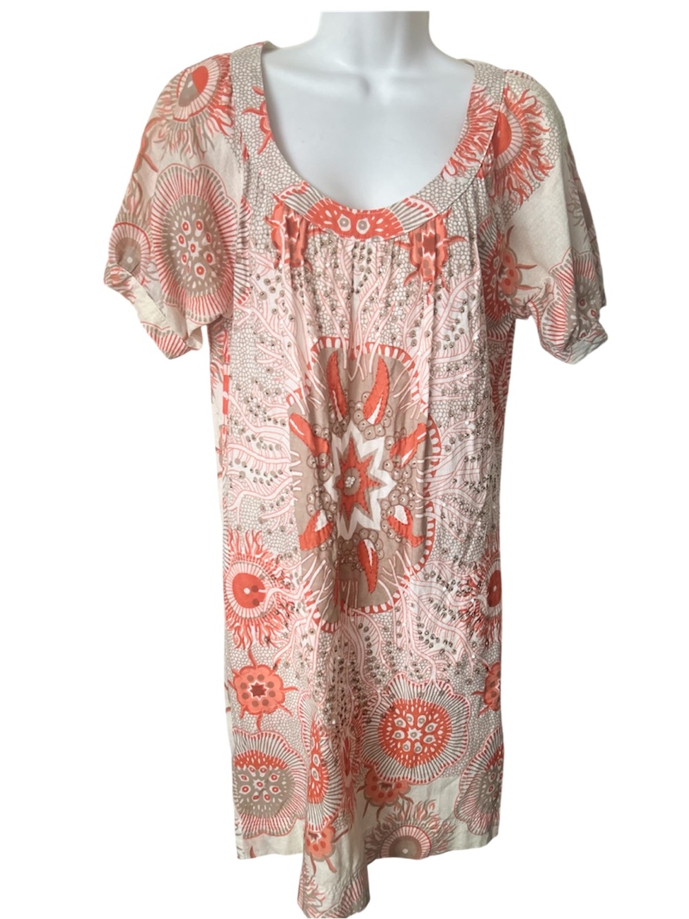 CHRISTOPHE SAUVAT,Cream Tunic Dress with Coral Sunburst Print, Sz S